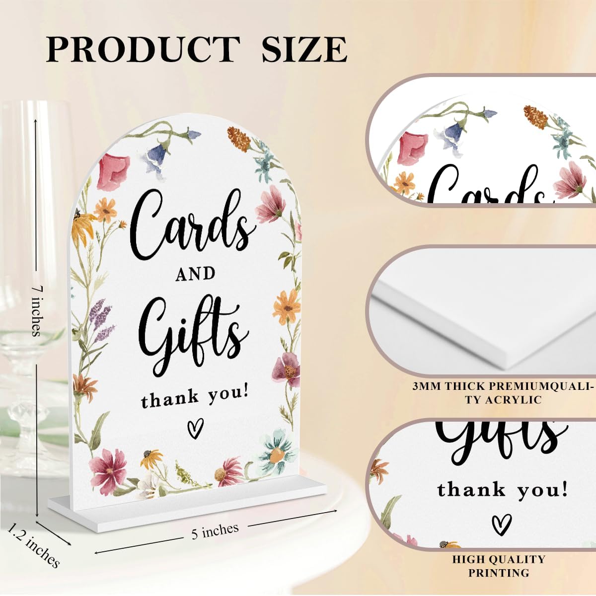 2 Pcs Acrylic Wedding Signs for Reception, Bridal Shower Decorations, Cards and Gifts Signs, Guest Book Sign, Arch Acrylic Table Top Sign with Holder for Wedding Reception (White Wildflowers)