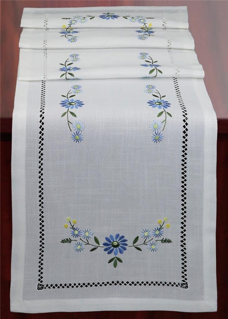 Creative Linens Hemstitch Embroidered Daisy Flower Table Runner 15x70 Dresser Scarf White Blue Rectangular