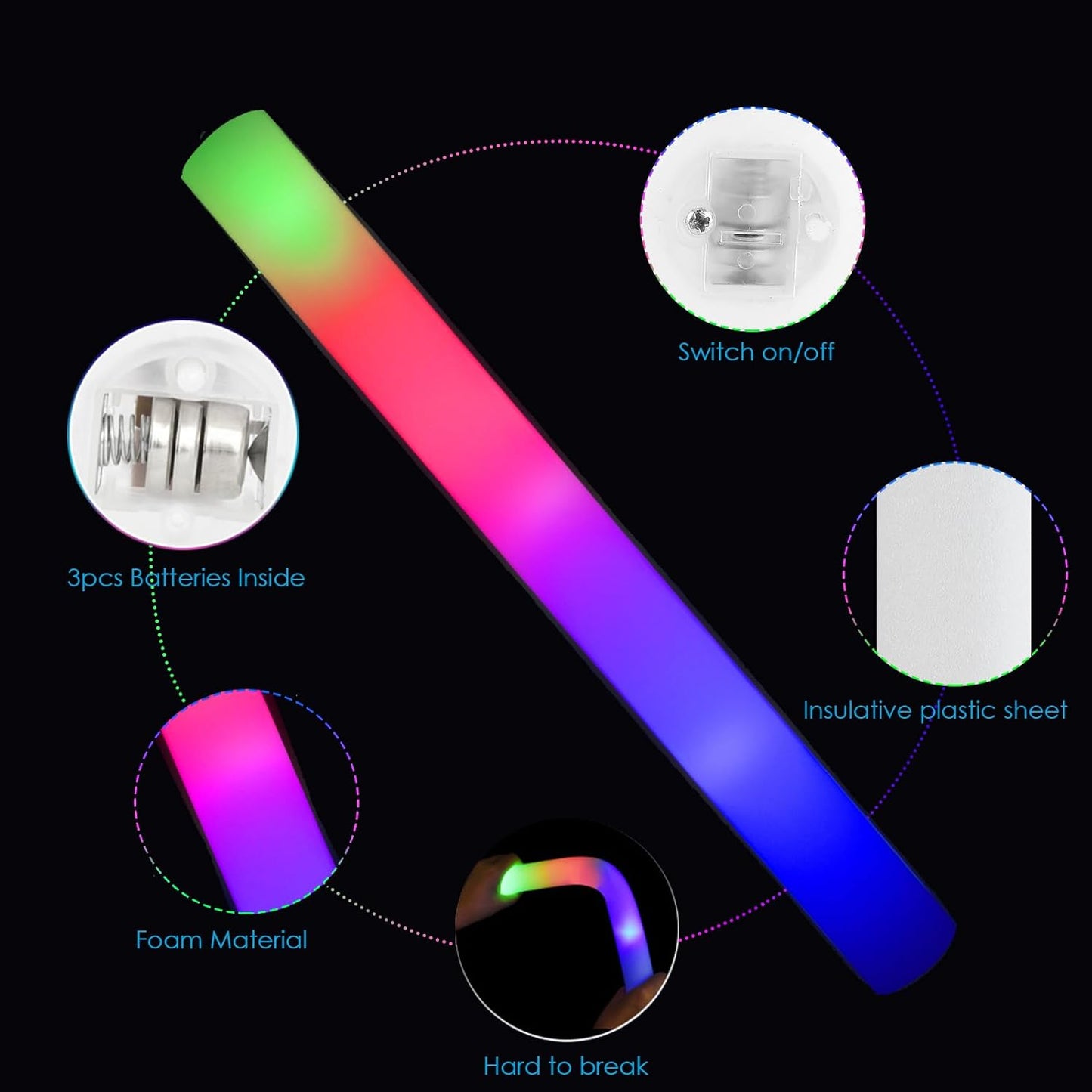 EXCECAR 70PCS Foam Glow Sticks, LED Light Up Foam Sticks with 3 Modes Flashing Changing, Glowing in The Dark for Event Party Wedding Halloween Christmas Concert Supplies