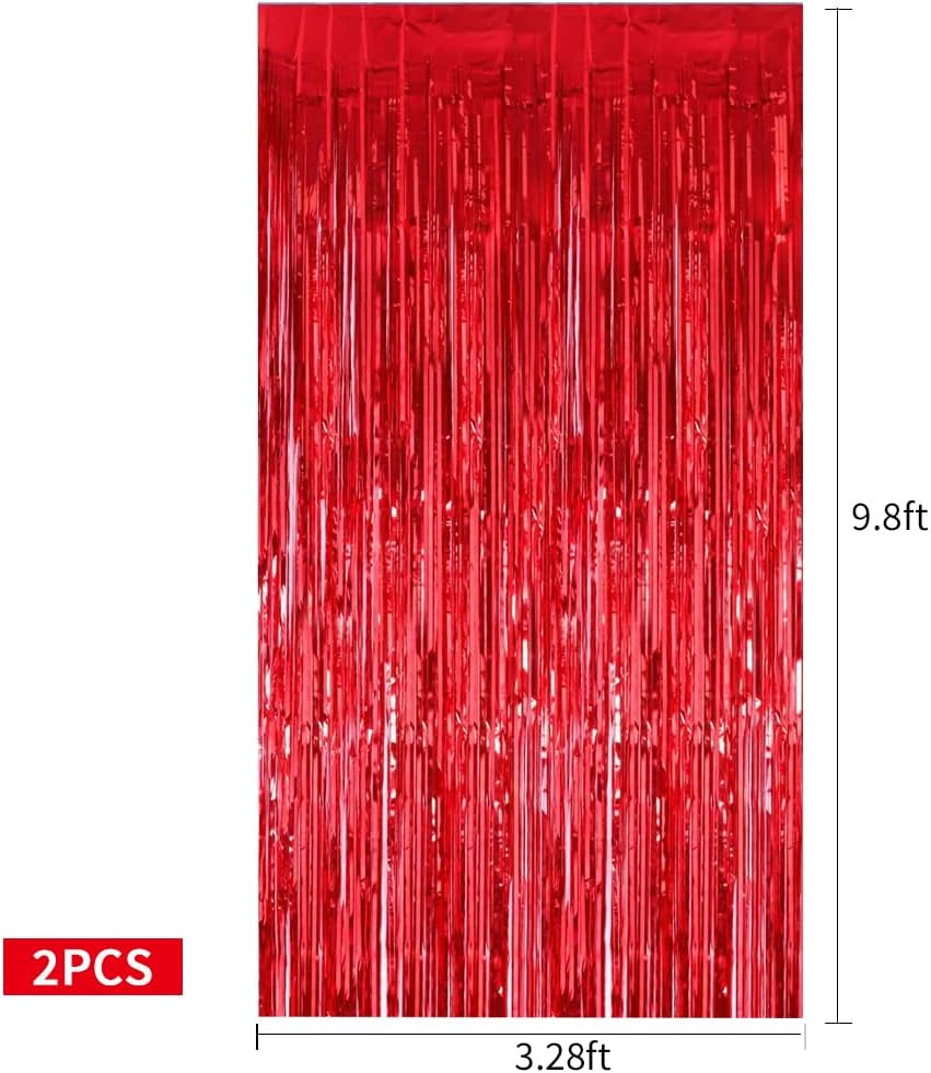 TONIFUL 2Pcs Red Metallic Tinsel Foil Fringe Curtains,Red Photo Booth Backdrop Streamer Curtain Photo Booth Props for Bachelorette Party,Birthday,Graduation,Christmas Decor(6.6ft x 9.9ft)