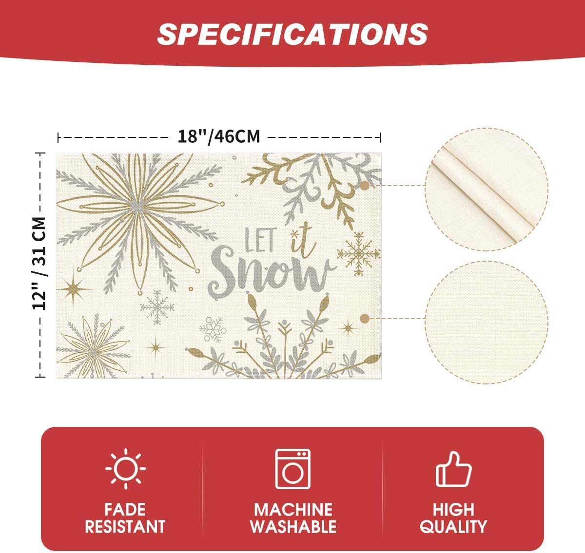 Artoid Mode Beige Snowflake Let It Snow Winter Placemats Set of 12, 12x18 Inch Seasonal Christmas Table Mats for Party Kitchen Dining Decoration
