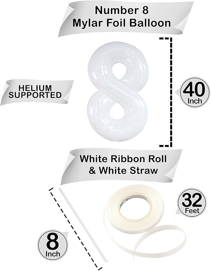 Giant, 8 White Number Balloons - 40 Inch Number 8 Balloon | 8 balloon Birthday Decorations for Girls and Boys | Number 8 Large White Balloons for Birthdays | | 8 Foil Balloon for Bday Party Supplies