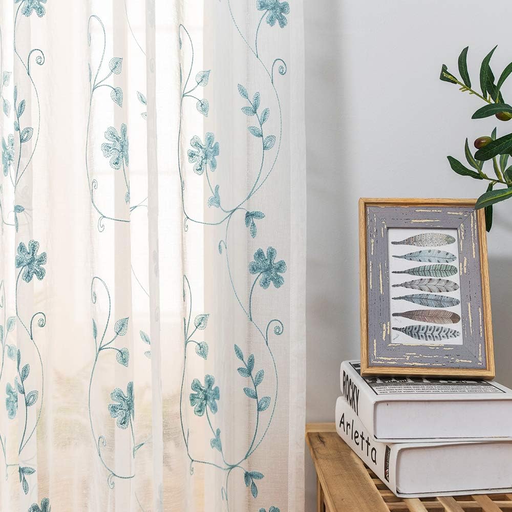 Blue Sheer Curtains 84 Inches Long, Floral Embroidered Rod Pocket Sheer Drapes for Living Room, Bedroom, 2 Panels, 52"x84", Semi Crinkle Voile Window Treatments for Yard, Patio, Villa, Parlor .