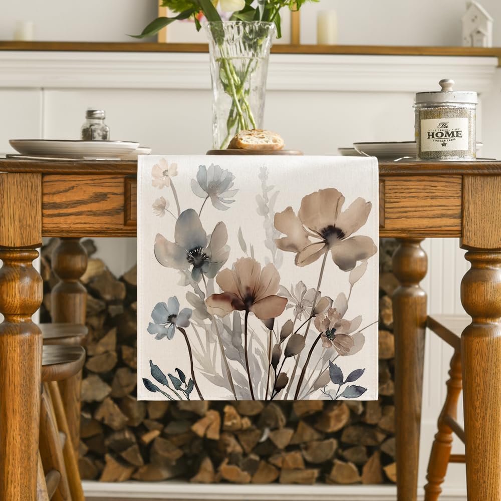 Artoid Mode Brown Poppy Floral Leaves Spring Table Runner, Seasonal Summer Kitchen Dining Table Decoration for Home Party Decor 13x48 Inch