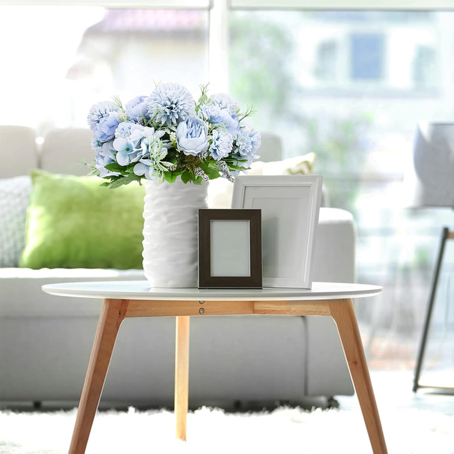 Artificial Flowers, 4 Packs Blue Fake Peony Silk Hydrangea Bouquet Decor Plastic Carnations Daisy Realistic Flower Home Office Party Decor Arrangements Wedding Decoration Table Centerpieces