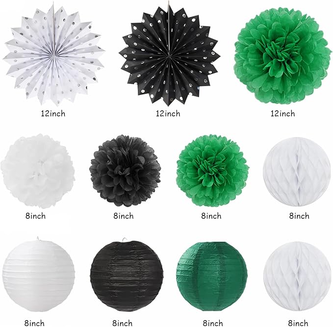 Black Green White Birthday Party-Decorations - 21pcs Boys Men Happy Birthday Banner,Paper Streamers Lanterns Honeycomb,Flower Tissue Pom Poms Fan Supplies Decor Huglony