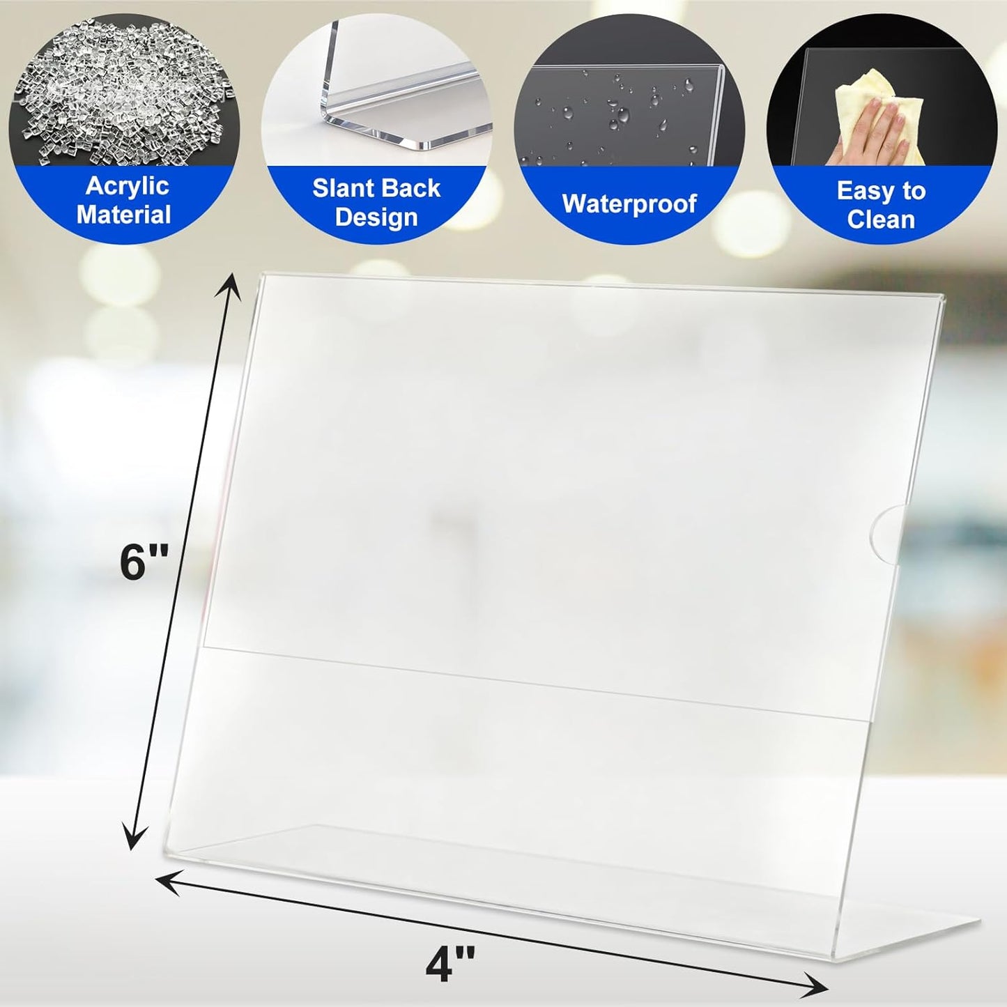 Acrylic Sign Holder 4 x 6 Horizontal, L-Shape Clear Plastic Display Stand for Tabletop, Acrylic Stands for Flyers, Table Paper Holder, Vertical Sign Holder 4x6 for Restaurants, Office and School (Slant 6 Pack 6x4)