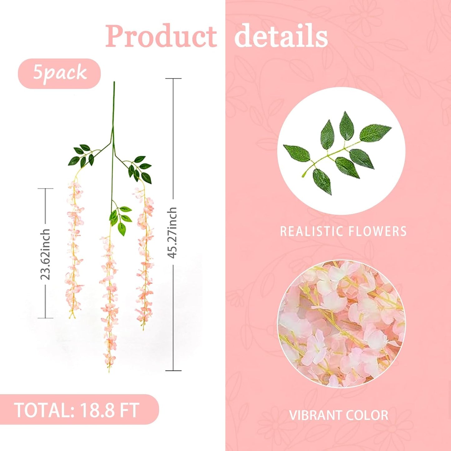 5 Pack Light Pink Wisteria Hanging Flowers Garland, 3.77 Feet Artificial Flower Vines, Fake Wisteria, Artificial Vines Hanging Garland for Backdrop Outdoor Yard Garden Decor