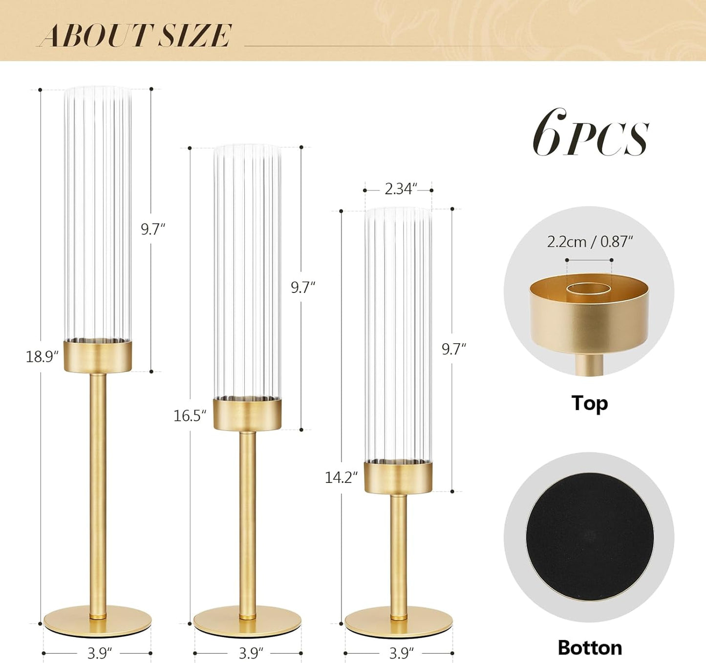 Glass Hurricane Candlestick Holders Gold, KSWING Set of 6 Taper Candle Holders Brass Tall Clear Candle Stand Holders, Perfect for Table Centerpiece Party Wedding Christmas Home Decor