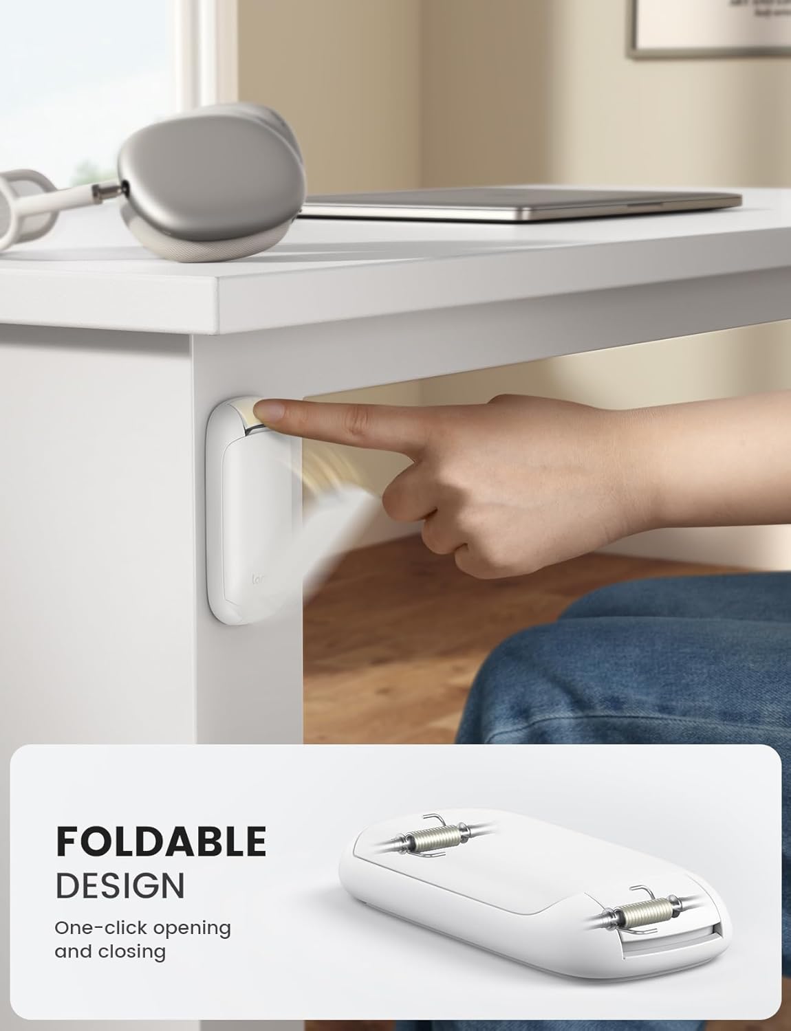 Lamicall Headphone Stand, Sticky Headset Holder - Foldable Headphone Holder Hook Mount, Adhesive Headset Hanger Clip Under Desk, Earphone Clamp for Airpods Max, HyperX, Sennheiser, White