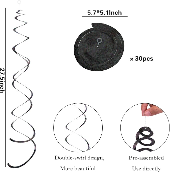 30 Pieces Iridescent Black Party Hanging Swirl Decorations Plastic Streamers Foil Swirls Ceiling Decorations Birthday Bachelorette Bridal Shower Baby Shower Graduation Decorations 2023