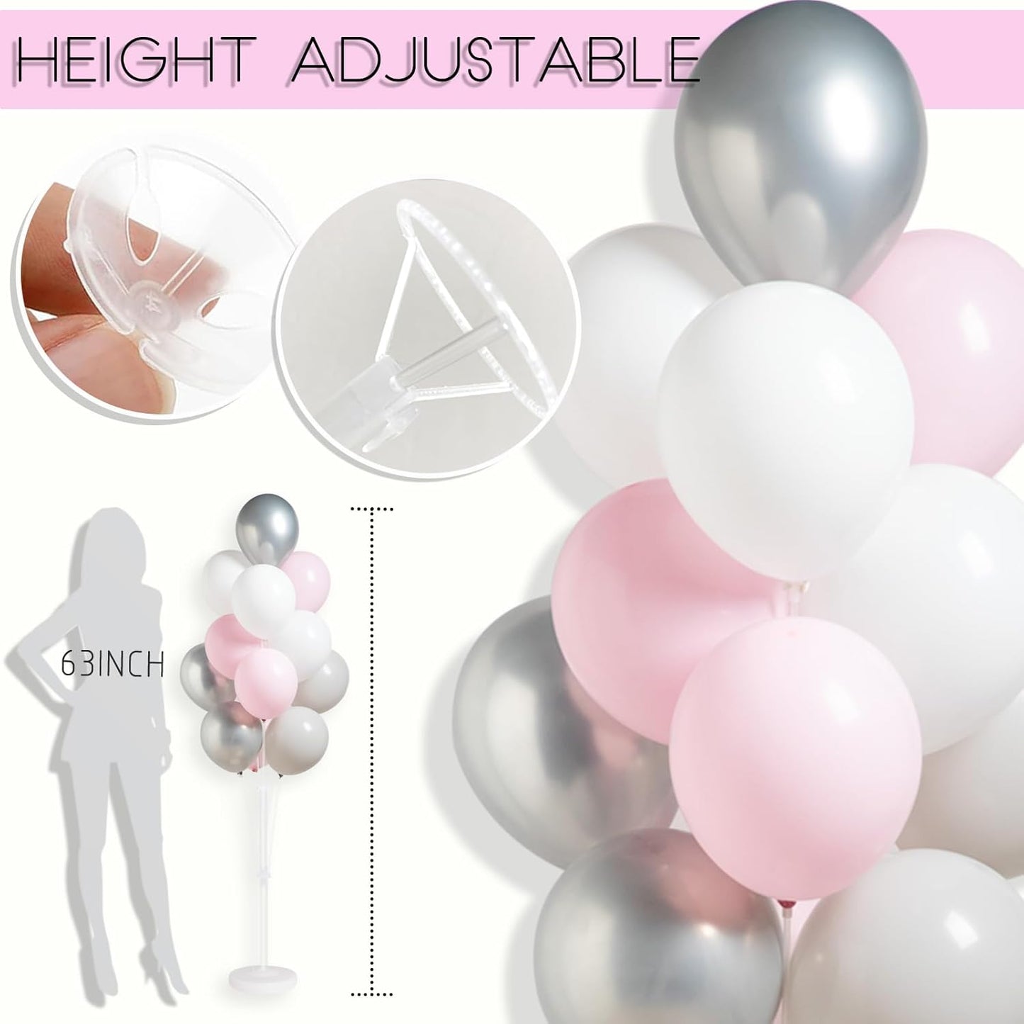 2 Set Balloon Stand Kit with Silver Pink White Balloons, Base&Pole, Balloon Column Kit for Floor or Table Backdrop Decoration for Princess Party Weddin,Girl Baby Shower Birthday Graduation Decorations