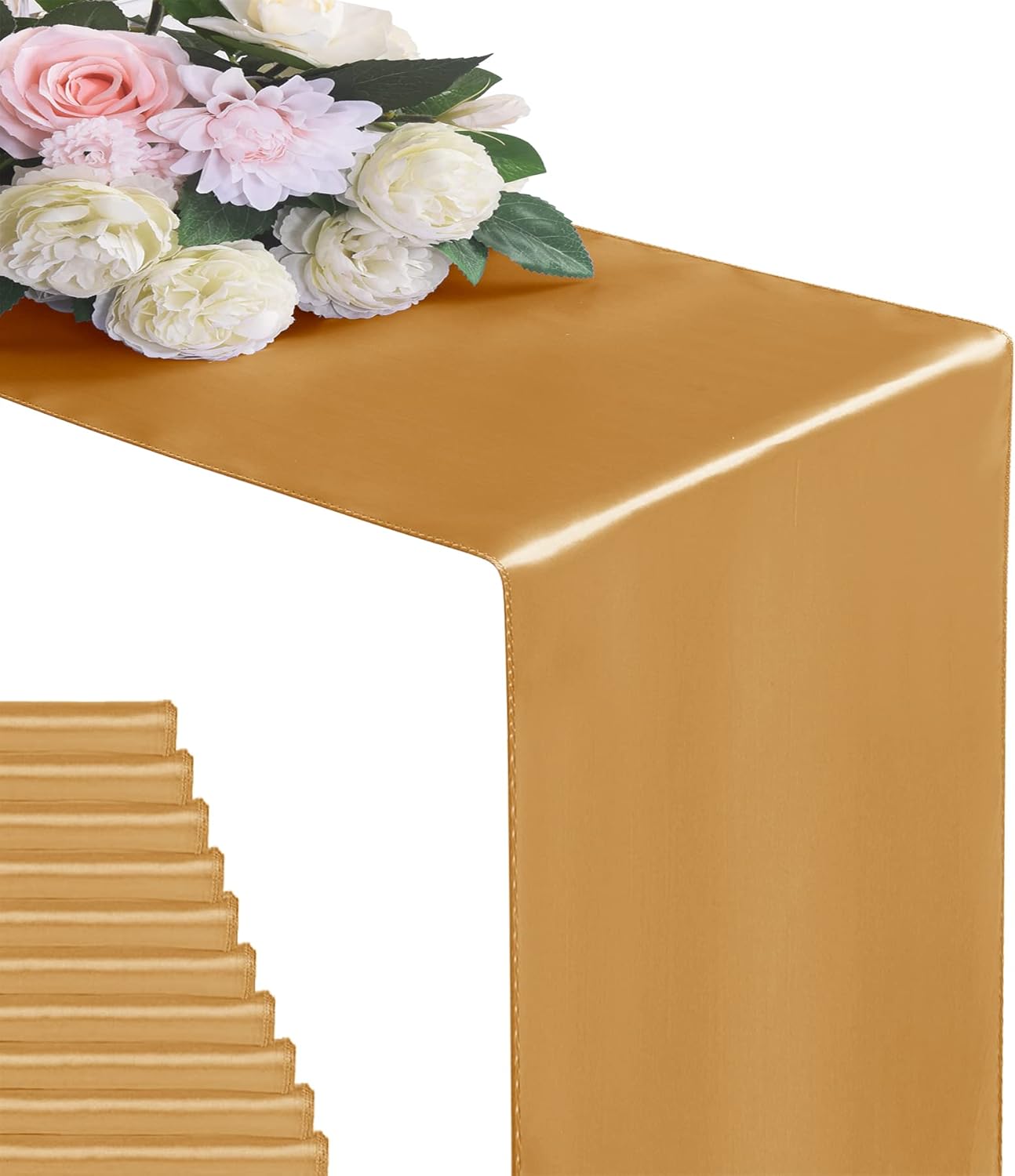 12Pack Table Runner 12 x 108 Inches Satin Silk Table Runner for Wedding, Birthday Party, Banquets, Graduations Decoration, fit Rectange and Round Table-Gold