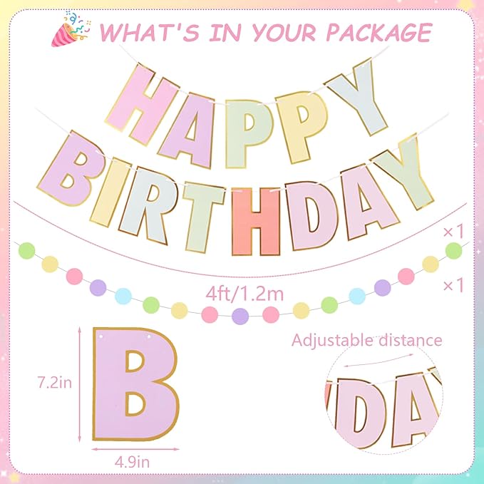 Pastel Birthday Decorations for Women or Girls - Pastel Happy Birthday Banner, Hanging Colorful Paper Lanterns and Fans, Tissue Paper Pom Poms, Rainbow Party Decorations Set