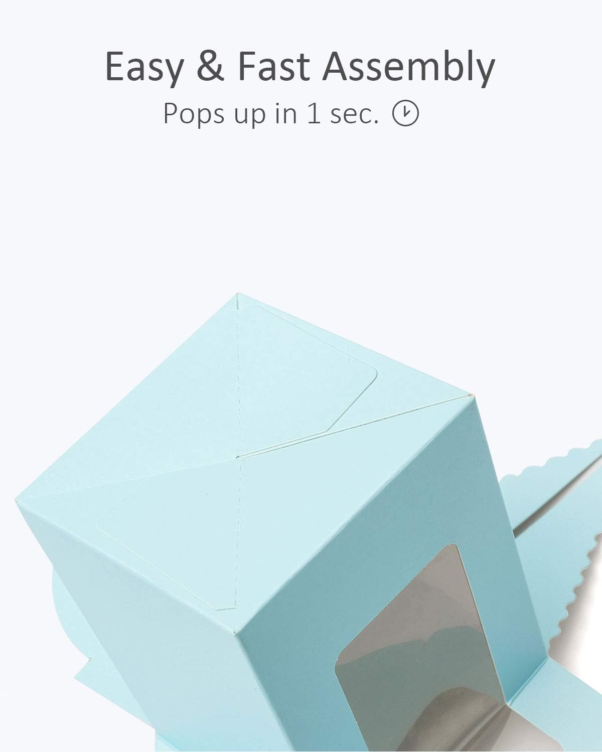 qiqee Light Blue Cupcake Boxes Individual Cupcake Holders Disposable 50pcs Single Cupcake Boxes with Window 3.6 * 3.6 * 4.3inch Cupcake Containers