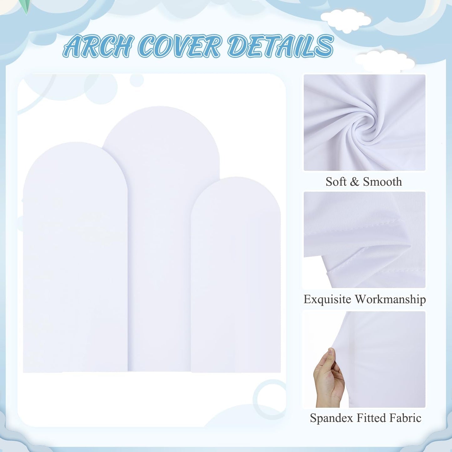 FOTSHARER Wedding Arch Backdrop Stand and White Spandex Arch Cover 6FT 5FT 4FT Set of 3 Metal Arched Frame Backdrop Stand for Parties Arch Stand Cover for Birthday Party Baby Shower Graduation Decor