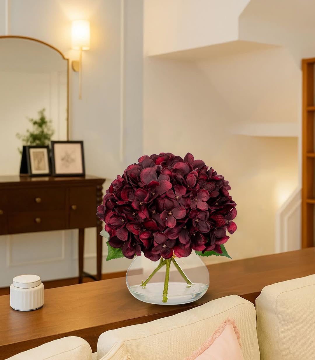 Hollyone Dark Red Fall Hydrangea Artificial Flowers for Decoration in Glass Vase Autumn Silk Faux Flower Arrangements with Faux Water Table Centerpiece Vase with Fake Flowers Fall Decorations for Home