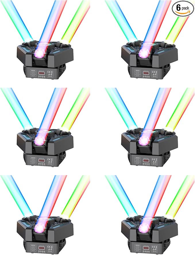 6PCS 180W 3-Head Moving Head Light 9 Beam Stage Light with Remote Control Sound Activation & DMX Control for DJ Parties Wedding Home Theater Small Venue Lighting