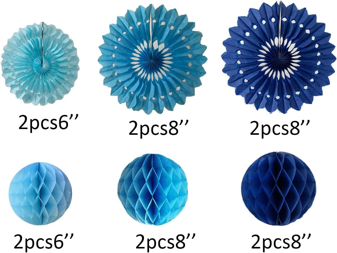 12pcs 6’’ 8’’ Honeycomb Balls Tissue Paper Fans Party Honeycomb Ball Fans Wall Decorations Tissue Pom Poms Flower Balls Hanging Paper Fans for Party Baby Shower Birthday Wedding Nursery(Blue kit)