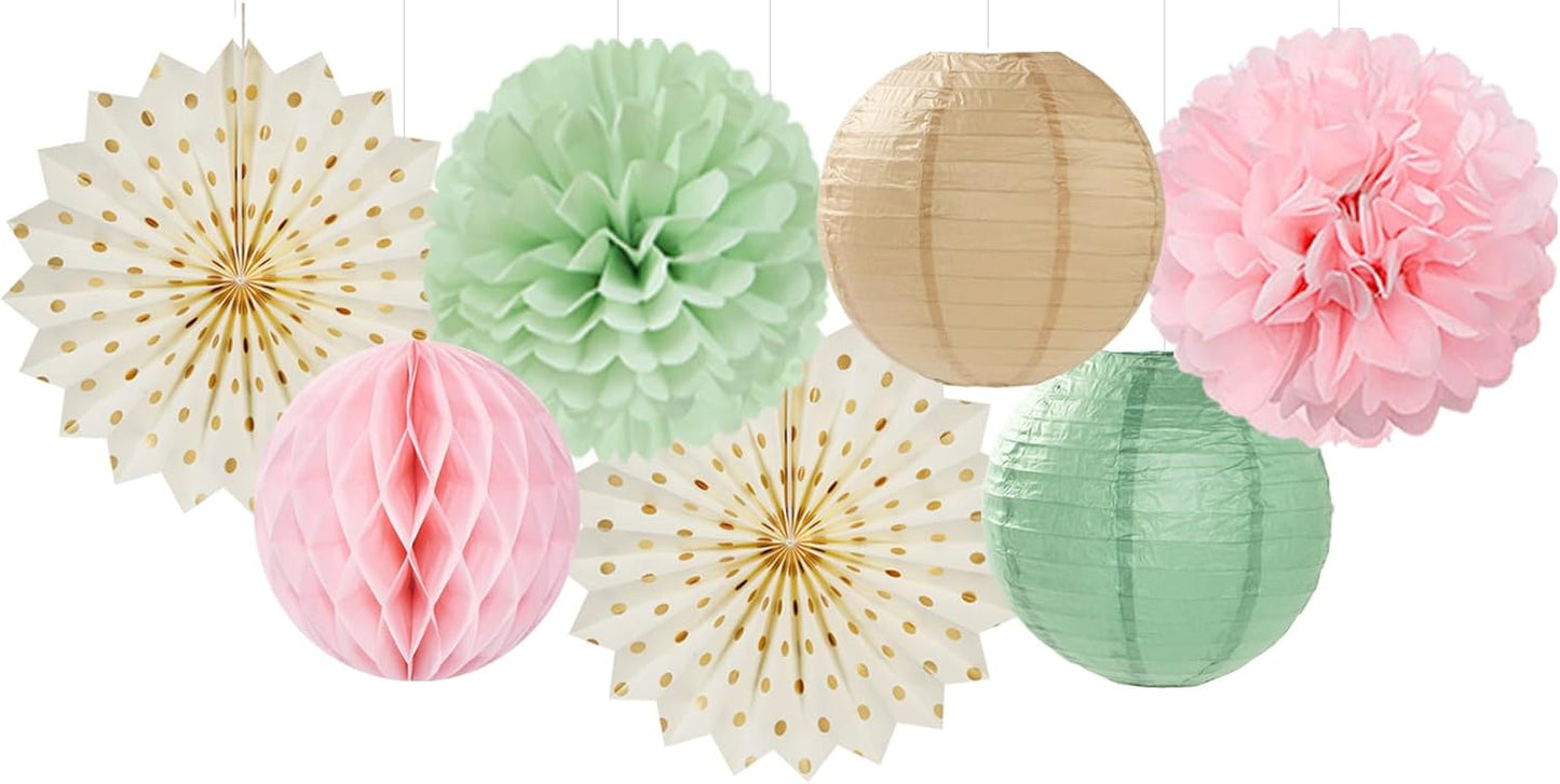 Sage-Green Pink-Champagne Party-Decorations Streamers Lanterns - 14pcs Neutral Baby Shower Paper Fan,Tissue Pom Poms,Honeycomb Balls,Boho Wedding Engagement Bachelorette Birthday Bridal Decor Ouruola