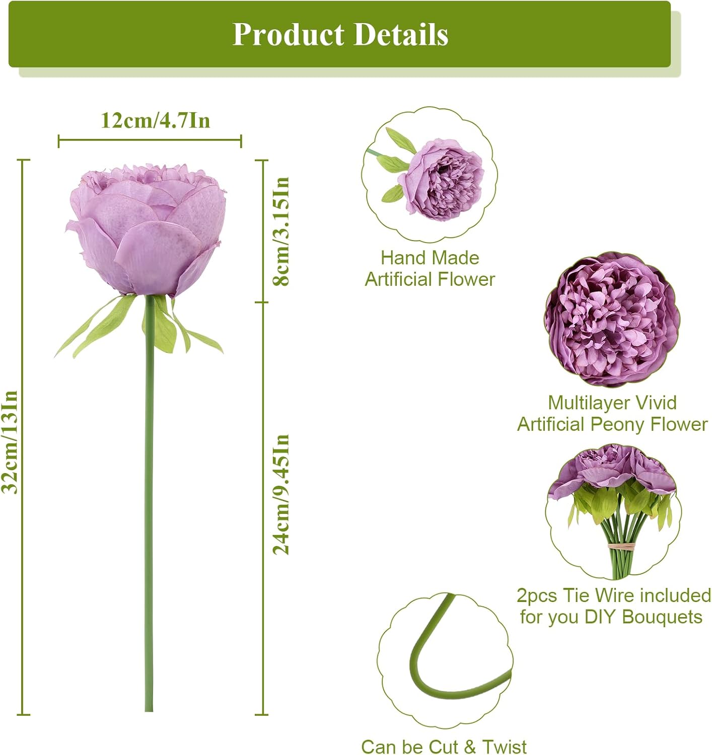 U'Artlines Artificial Peony Silk Flower with Stems 10pcs Real Look Vintage Peonies for Home Wedding Decoration (Purple)