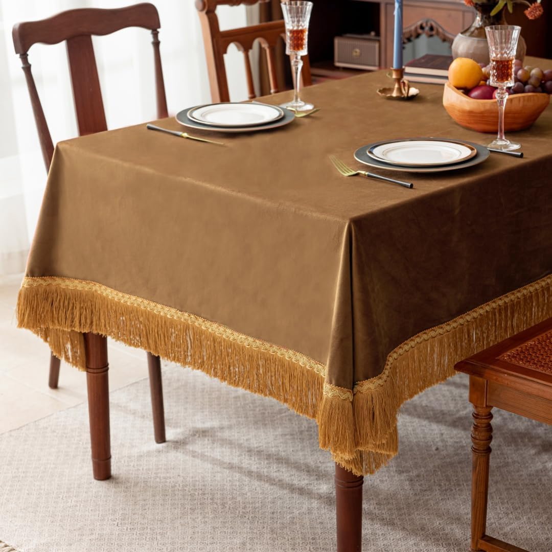 F-CHU Luxury Camel Tablecloth Thickset Velvet Tablecloth with Beautiful Gold Tassels Vintage Table Cloth for Home Decor Wedding, Party, Banquet and Events 60x102-Inch