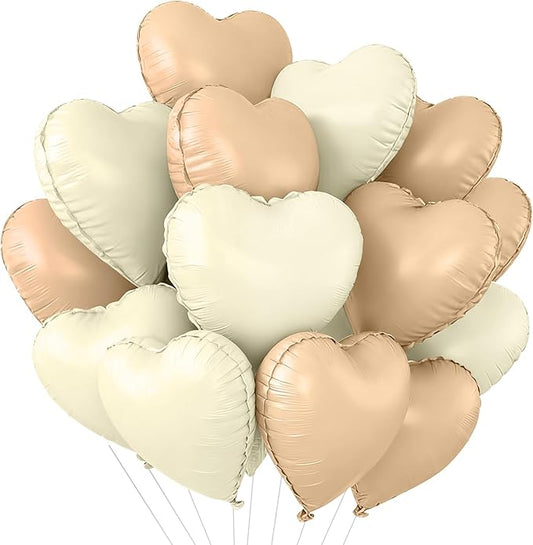 TONIFUL 30Pcs 18 Inch Caramel Cream White Balloons Cream White Heart Shape Foil Mylar Banners Decoration for Birthday Valentine's Day Wedding Bridal Shower Anniversary Engagement Party Supplies
