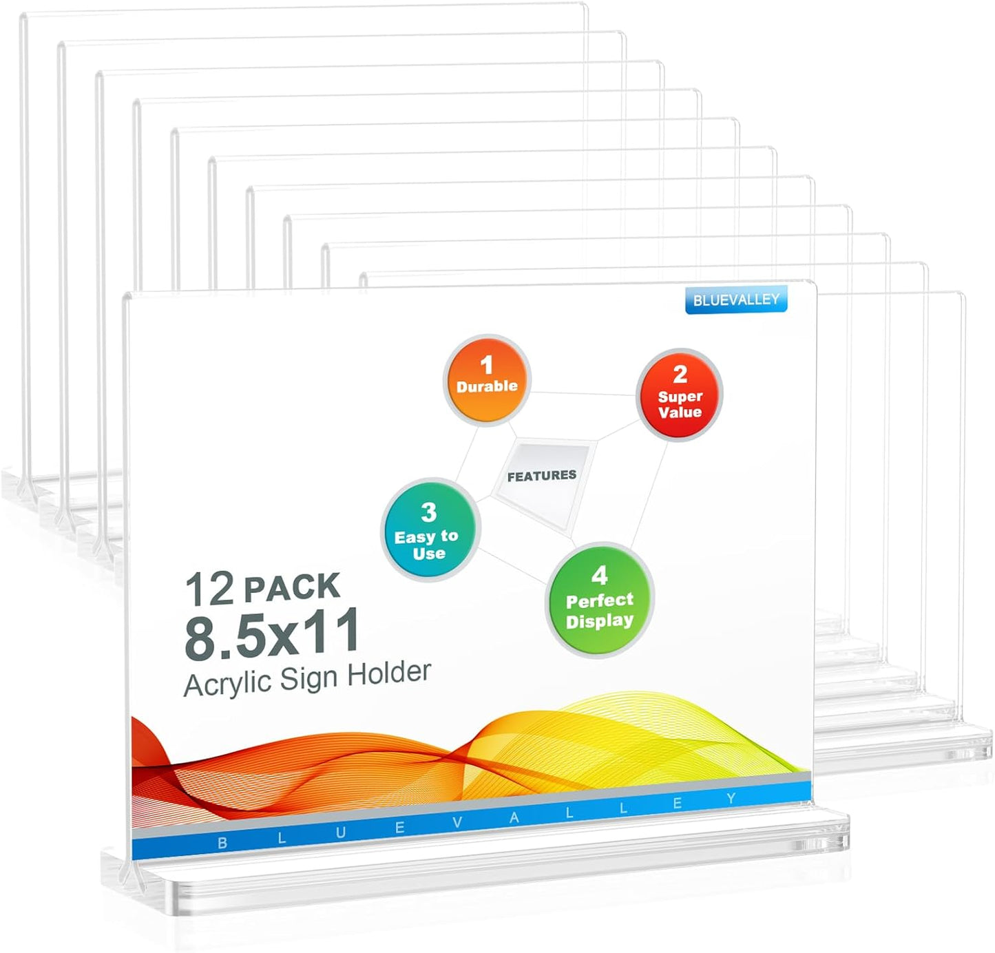 BlueValley 12 Pack Acrylic Sign Holder 8.5 x 11 Inch Horizontal - Clear Display Plastic Table Menu Signs Stand, Double Sided Flyer Holder Standing for Picture Paper Frame Holder Stand Home Office Retail Show Fair