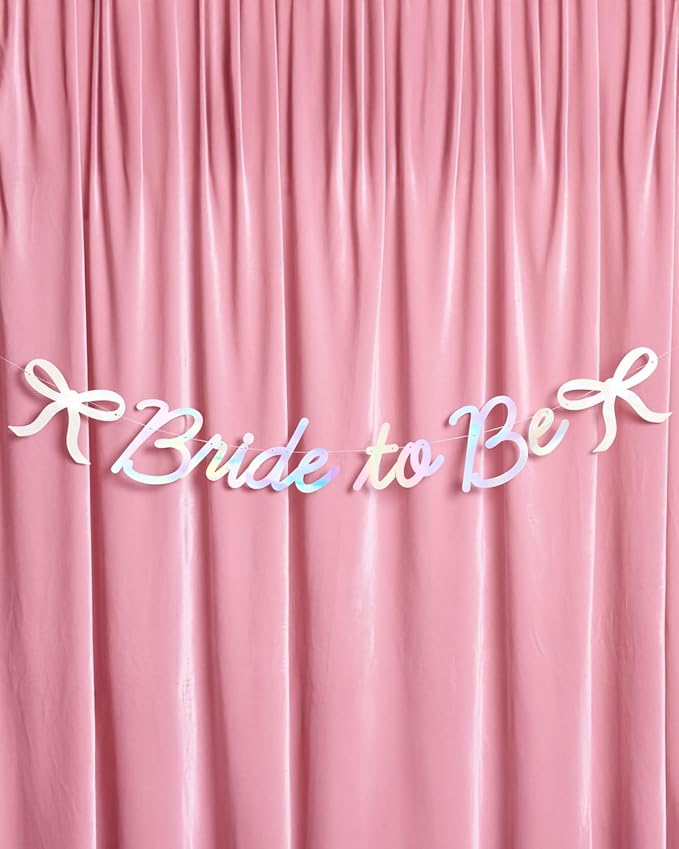 xo, Fetti Bride to Be Bow Banner Iridescent Foil + Pink Glitter , 5 Ft. | Bachelorette Party Decoration, Tying the Knot Bride Bach Decor, Bridesmaid Favor, Engagement Gift, Bridal Shower Supplies, Photobooth Backdrop