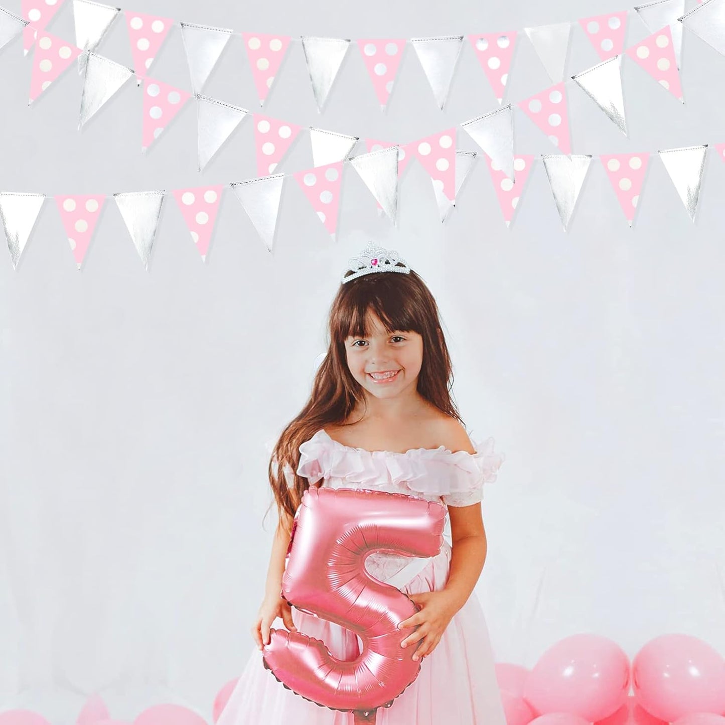 30 Ft Silver Pink Polka Dot Pennant Banner Blush Paper Circle Dot Triangle Flags Bunting Garland for Baby Shower Bridal Shower Wedding Bachelorette Christmas Holiday Girls Birthday Party Decorations