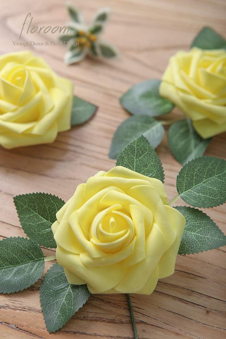 Floroom Artificial Flowers 50pcs Real Looking Canary Yellow Foam Fake Roses with Stems for DIY Wedding Bouquets Bridal Shower Centerpieces Floral Arrangements Party Tables Home Decorations