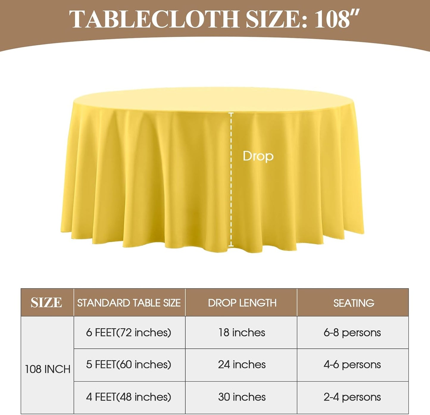 Round Tablecloth 2 Pack 108 Inch Yellow Tablecloths Washable Decorative Linen Polyester Table Clothes Cover for Dining Table Banquets Buffet Parties and Wedding