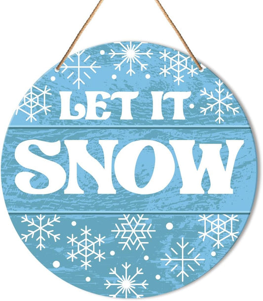 Muktoujaumai Winter Sign Front Door Decor, Christmas Round Hanging Sign Decor Snowflake Xmas Holiday Wall Decorations Winter Wood Sign for Door, Porch, Home, Let It Snow