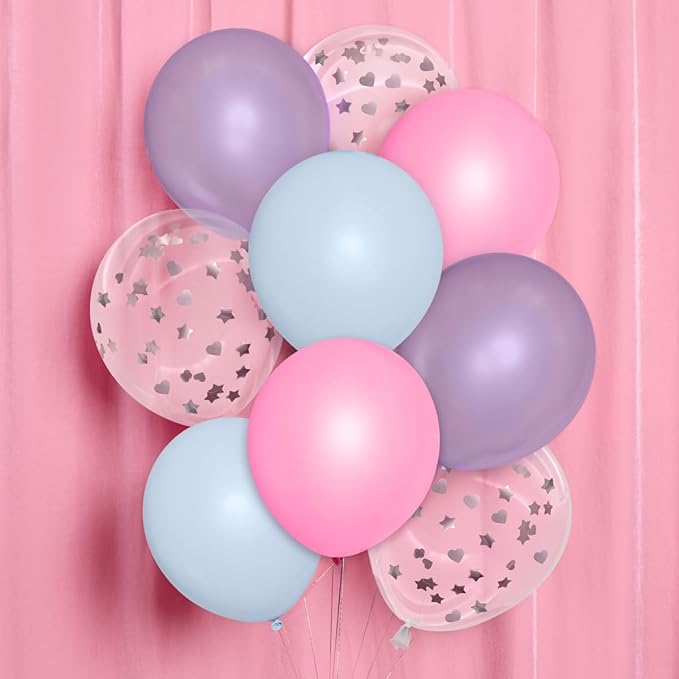 xo, Fetti Pink, Purple, Blue, Clear, Pastel Latex Balloons - 24 pk, 12" | Girls Sleepover Birthday Decorations, Kids Slumber Party Decor, Rainbow Bachelorette Supplies, Cute Party Favor