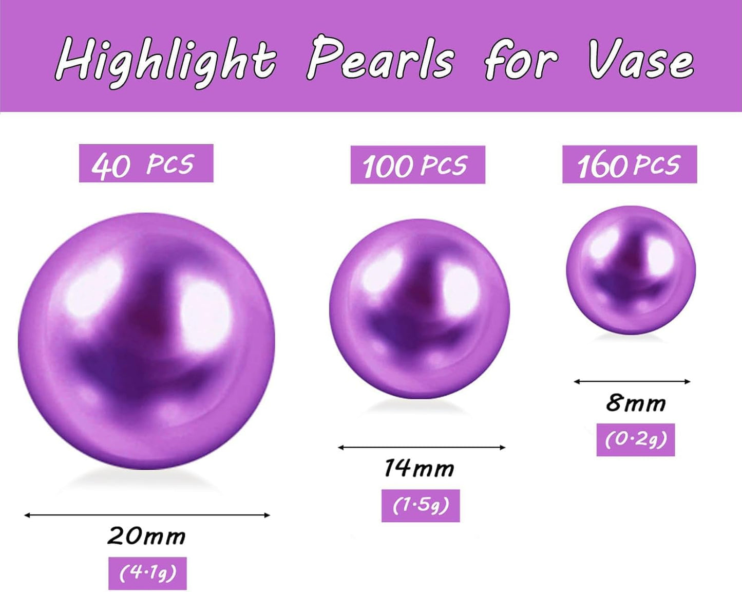 300Pcs Purple Polished No Hole Faux Pearl Beads for Vase Filling Decorations, Plastic Pearls Vase Fillers, Table Scatters, Wedding Centerpiece, Home Decor, 8/14/20 mm