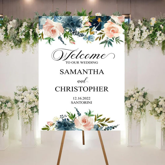 Welcome To Our Wedding Sign, Personalized Wedding Welcome Sign, Wedding Welcome Sign, Blue and Peach Floral Wedding Ceremony Welcome Sign, Wedding Event Party Welcome Sign