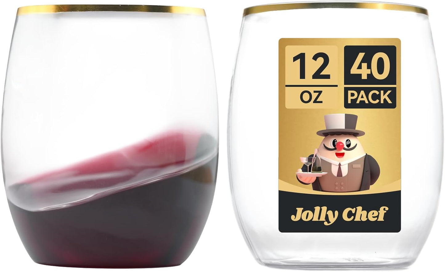 JOLLY CHEF 12 oz 40 Pack Gold Plastic Wine Glasses Stemless, Shatterproof, Unbreakable, Crystal, Disposable Plastic Wine Cups for Party, Halloween, Christmas