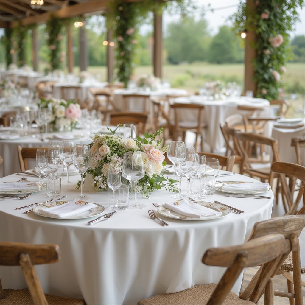 sancua Round Tablecloth - 90 Inch - Water Resistant Spill Proof Washable Polyester Table Cloth Decorative Fabric Table Cover for Dining Tables, Buffet Parties and Camping, White