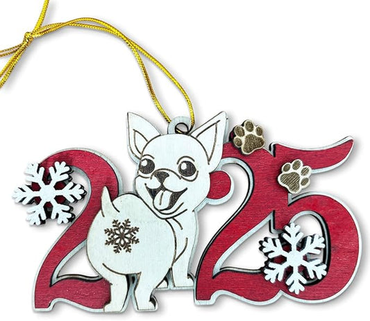 Chihuahua 2025 Christmas Ornament – Cute Wooden Dog Tree Decoration with Snowflakes & Paw Prints for Chihuahua Lovers, Pet Owner Christmas Décor