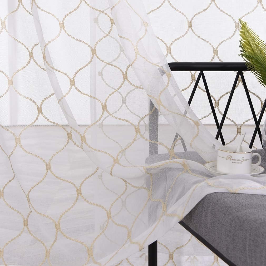 Embroidered Wave Diamond Sheer Curtains Gold 63 Inch Length, Rod Pocket Voile Drapes for Living room, Bedroom, Window Treatments Semi Curtain Panels for Yard, Patio, Villa, Parlor, Set of 2, 52"x 63".