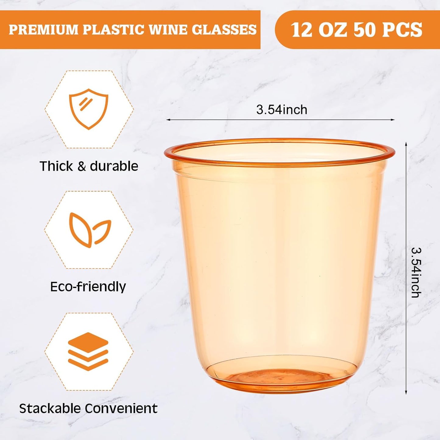 50pcs Disposable Stemless Glasses 12oz Crystal Plastic Wine Glasses Clear Classic Pet Cup for Meeting Weddings Birthdays Cocktail Christmas Party Supplies (Orange)