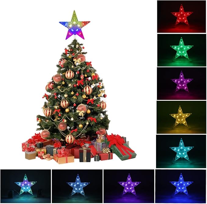 Christmas Star Trees Topper Light 9.5inch 24 Modes Color Changing with Versatile Remote Controller 3AA Battery Powered Christmas Tree Topper Party Home Decoration（Indoor and Outdoor ）