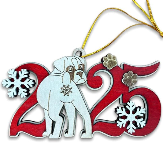 Boxer Dog 2025 Christmas Ornament – Cute Wooden Dog Tree Decoration with Snowflakes & Paw Prints for Boxer Lovers, Puppy Owner Christmas Décor