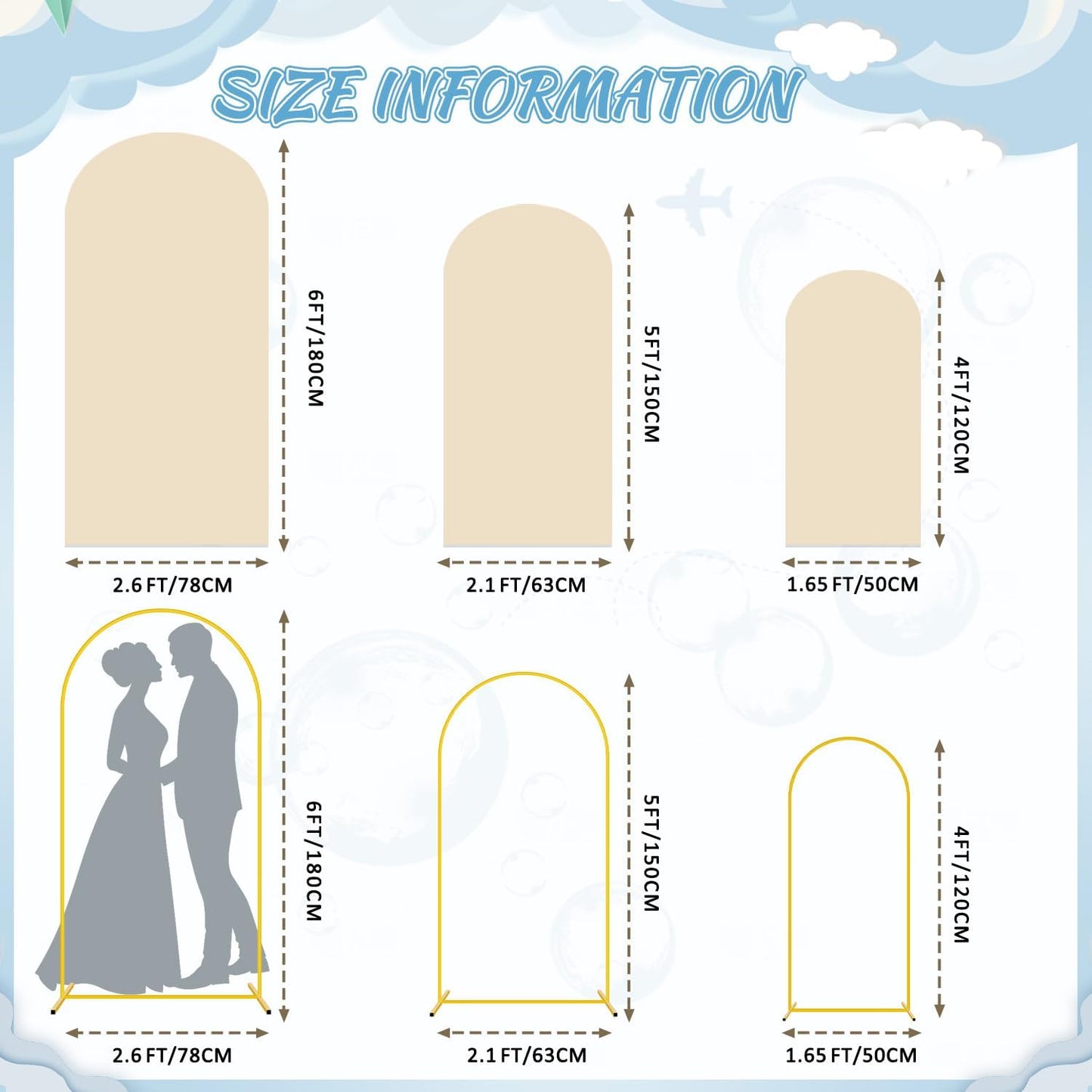 FOTSHARER Metal Wedding Arch Stand and Cover Set of 3 Gold Balloon Arch Backdrop Stand 6FT, 5FT, 4FT Beige Spandex Arch Covers Stretchy Backdrop for Gender Reveal Baby Shower Birthday Party Decoration