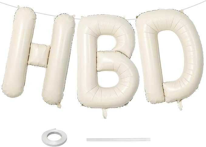 40 Inch Cream HBD Balloons for Boho Birthday Party Decorations, Giant Beige HBD Letter Foil Mylar Balloon Banner Helium Supported, Ivory White Sand Neutral Happy Birthday Sign for Girls Women Boys Men