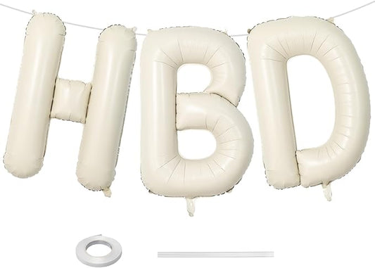 40 Inch Cream HBD Balloons for Boho Birthday Party Decorations, Giant Beige HBD Letter Foil Mylar Balloon Banner Helium Supported, Ivory White Sand Neutral Happy Birthday Sign for Girls Women Boys Men