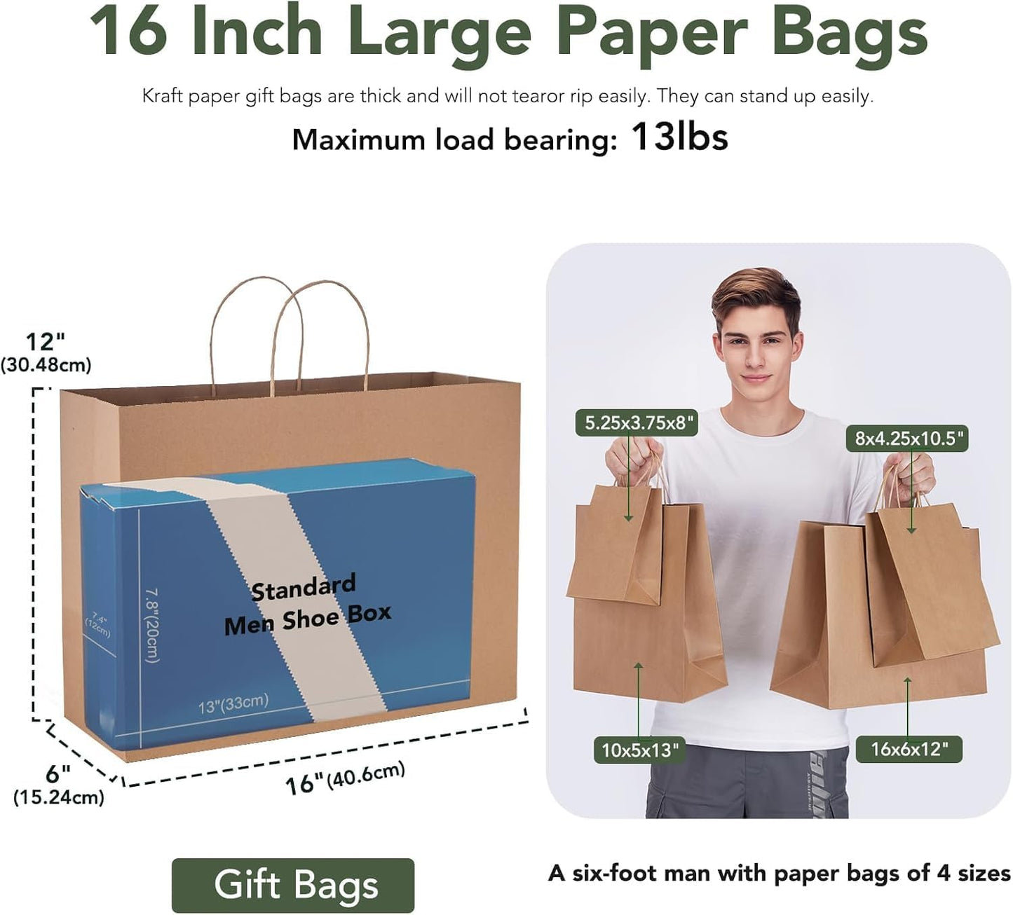 GSSUSA 16x6x12 Inches Large Paper Bags with Handles, 6000 Pack Brown Paper Gift Bag, Recyclable Kraft Paper Shopping Bags for Small Business, Party Favor, Craft Bag for Boutique