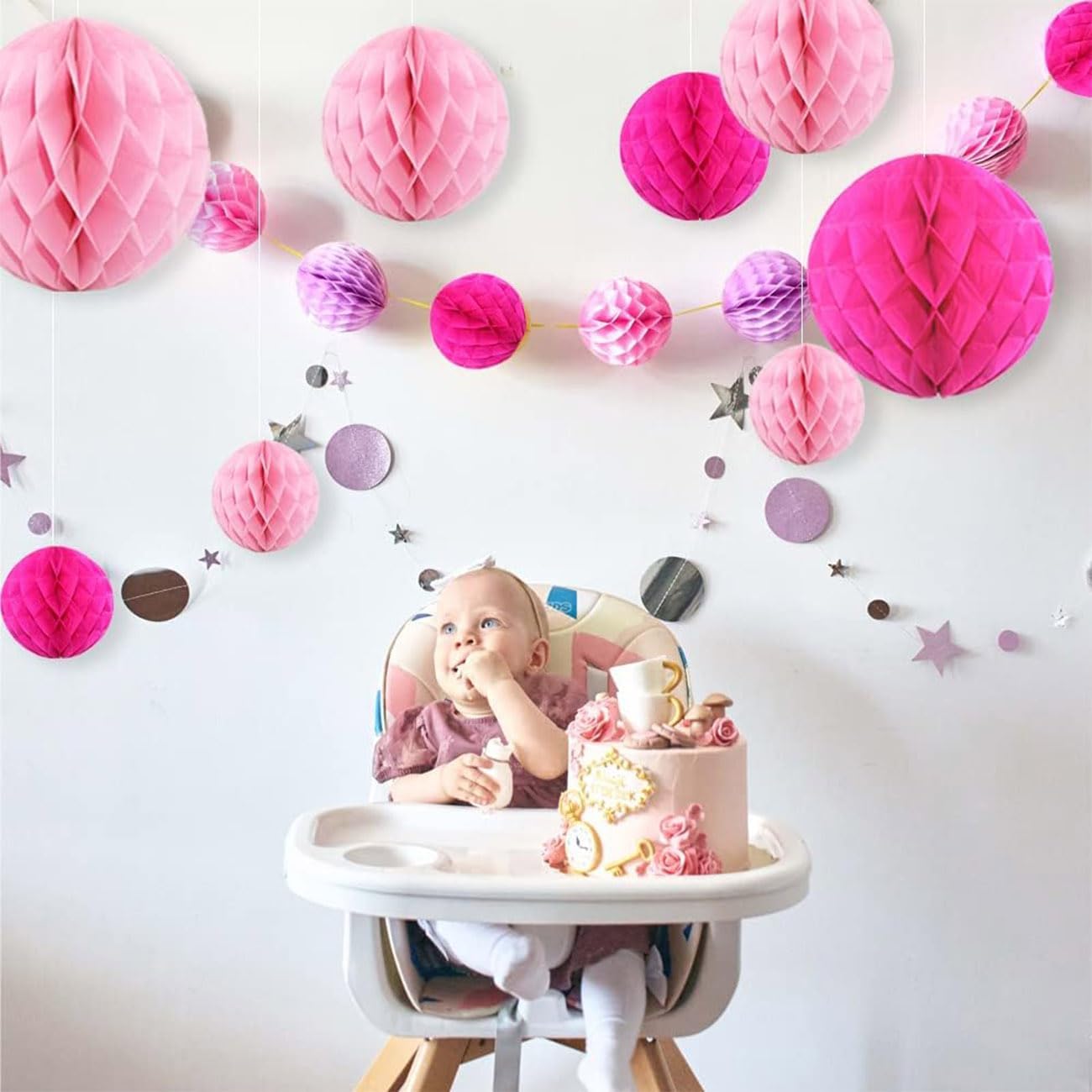 CC wonderland zone 12pcs Pink Paper Honeycomb Balls,Hanging Tissue Pom poms for Party Decoration,6inch&10inch