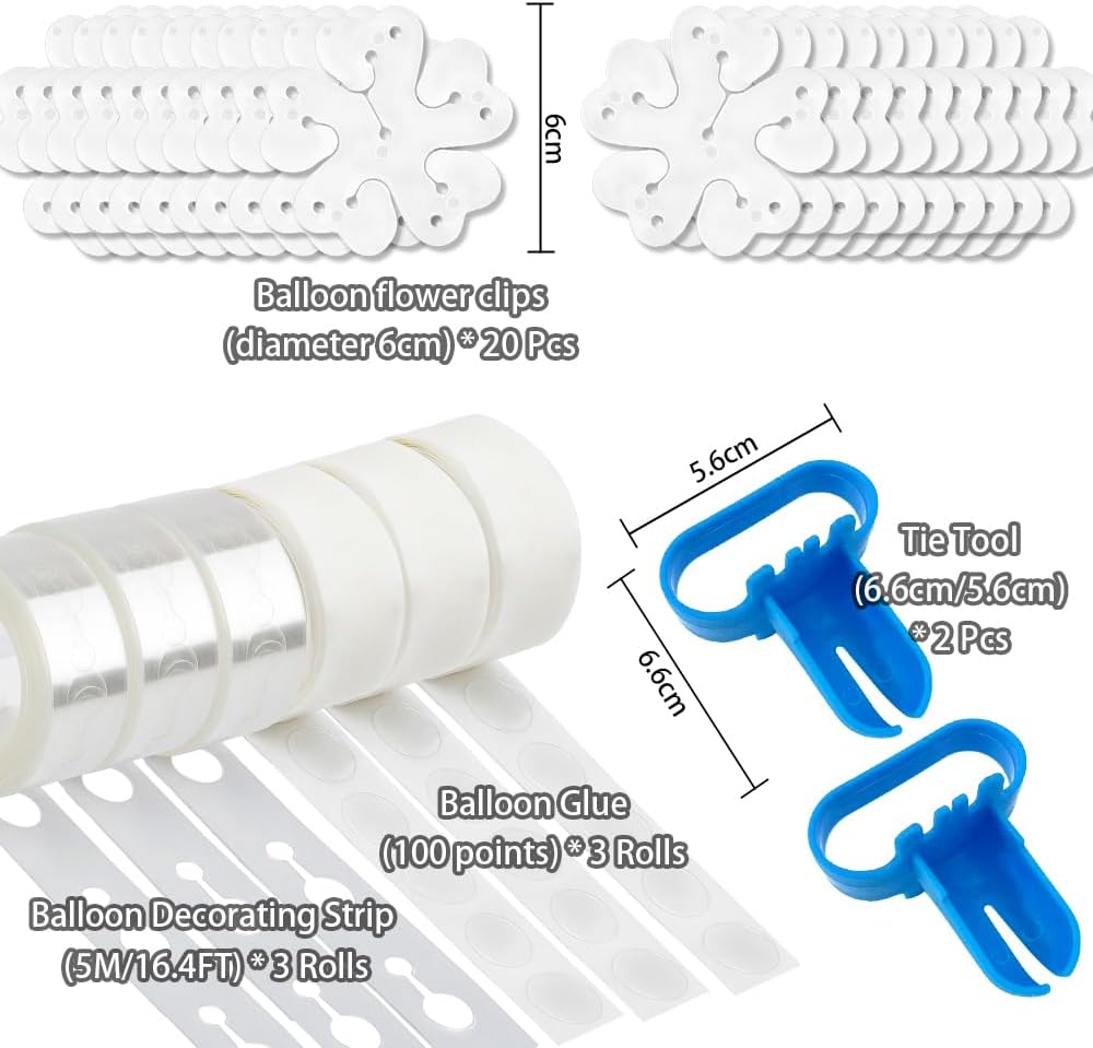 Balloon Arch Kit 20pcs Balloon Flower Clips & 2pcs Balloon Tying Tool & 49.2ft Balloon Tape Strip & 300 Balloon Glue Points For Party Graduation Wedding Birthday Baby Shower