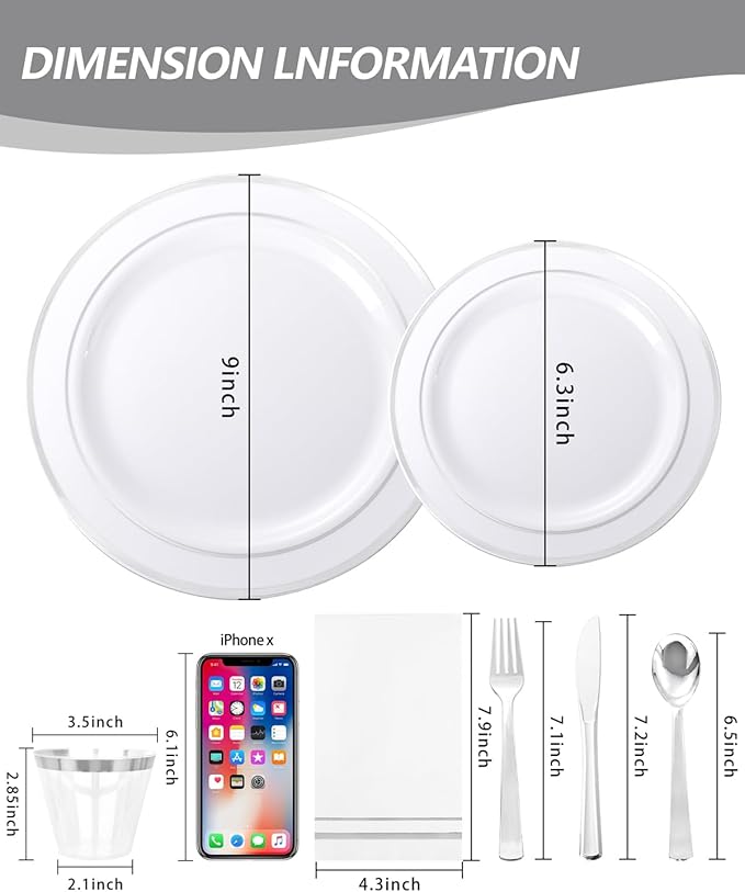 GATHER 700PCS Silver Plastic Plates - Silver Disposable Dinnerware Sets 100 Guest Include 200 Plates, 300 SIlverware, 100 Napkins, 100 Cups For Wedding & Party